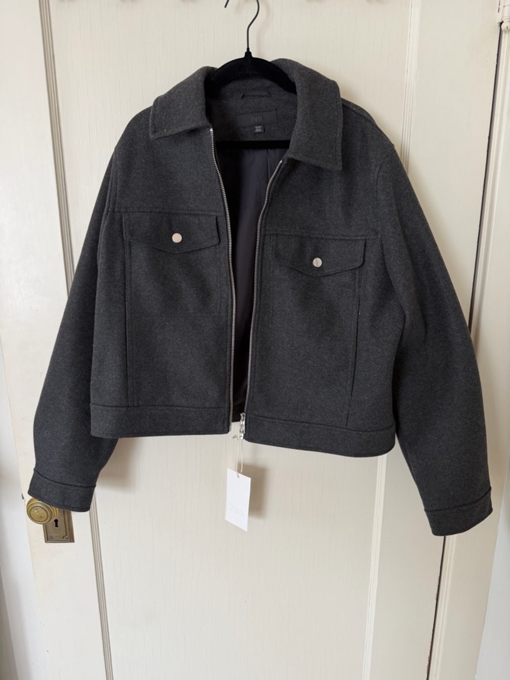 Zara Dark Gray Cropped Wool-Blend Zip Jacket NWT size XL